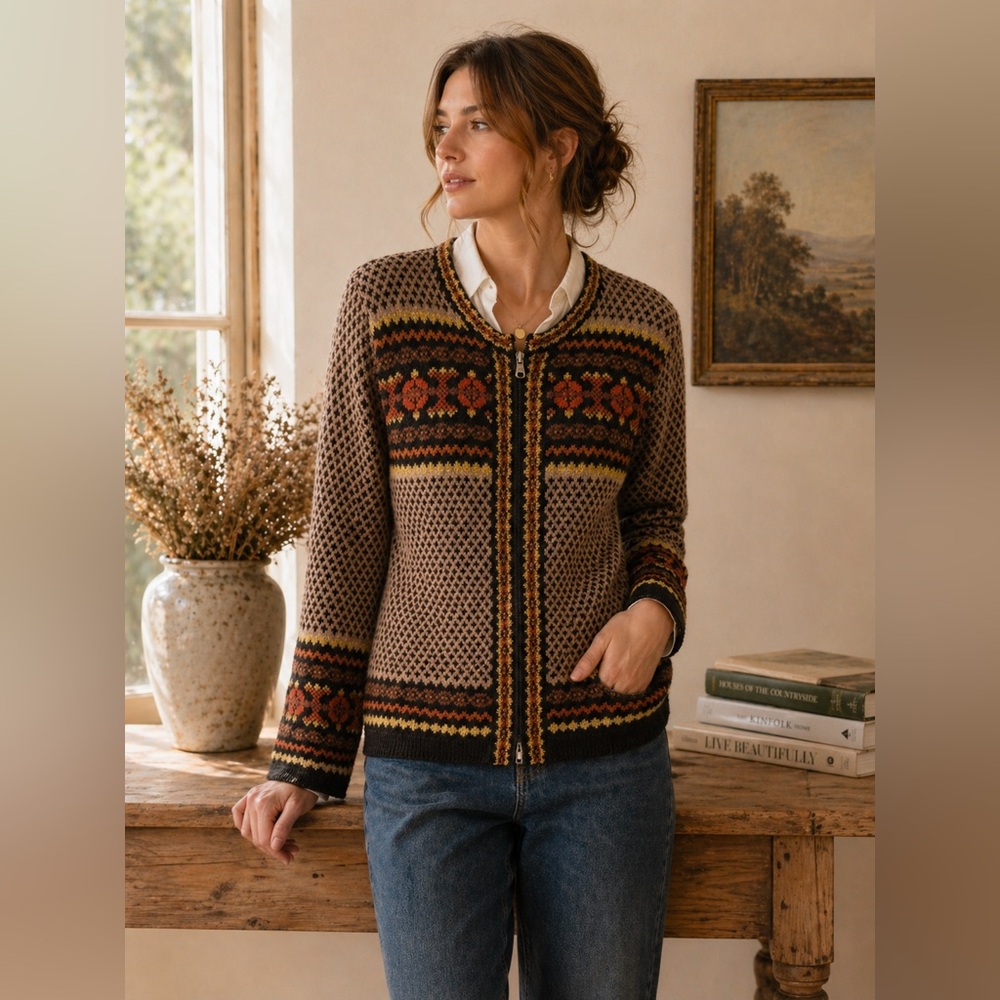 Wool Fair Isle Zip Cardigan S Brown